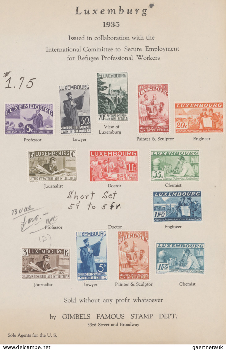 Luxembourg: 1935, Intellectual's Relief, 5c.-5fr., Short Set Of 13 Values Mounte - Autres & Non Classés