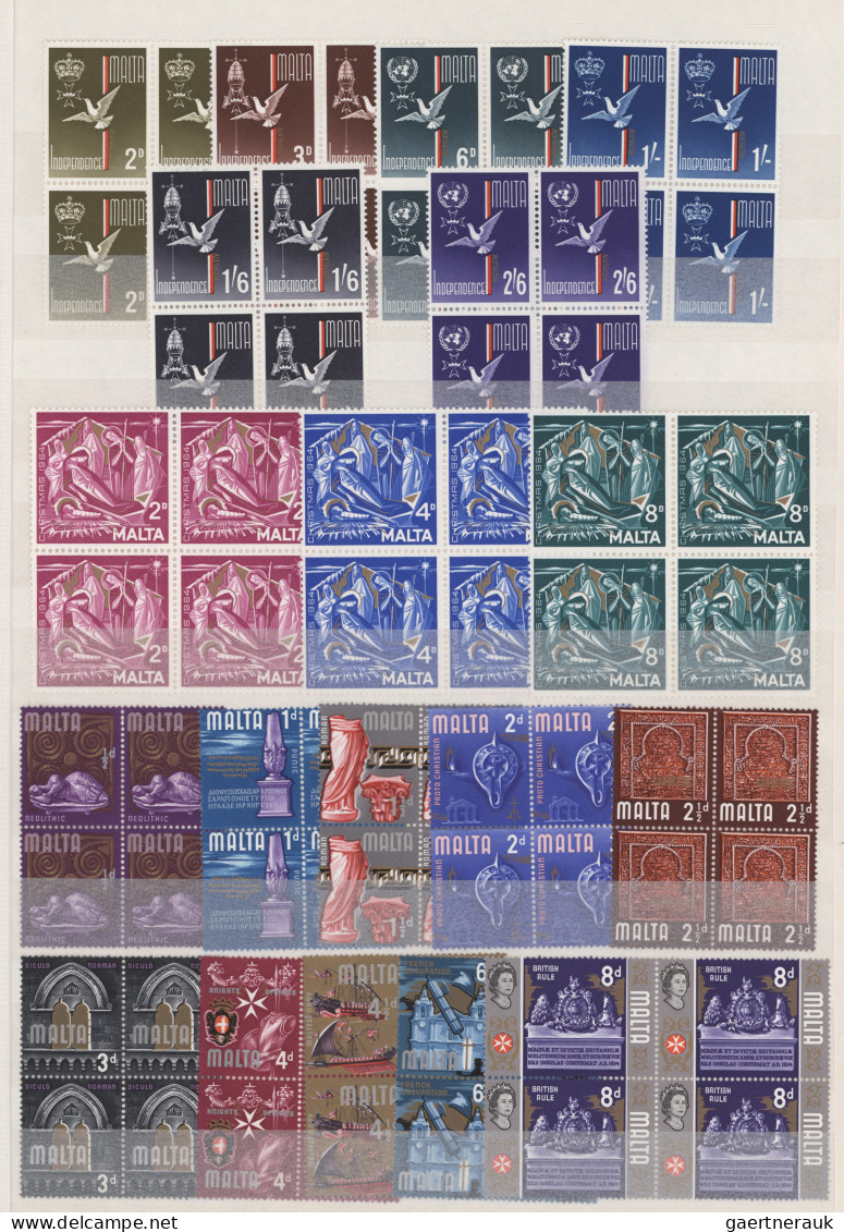 Malta: 1964/1995 Collection & Stock Of Blocks Of Four And Souvenir Sheets In A B - Malte