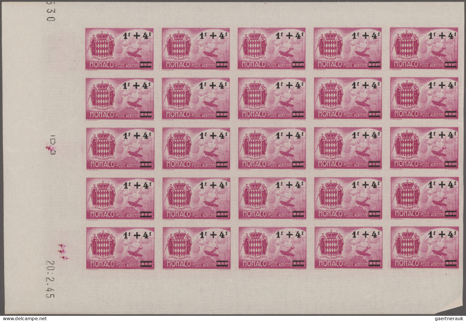 Monaco: 1945, Airmail Surcharges Complete Set Of Five IMPERFORATE Blocks Of 25, - Nuovi