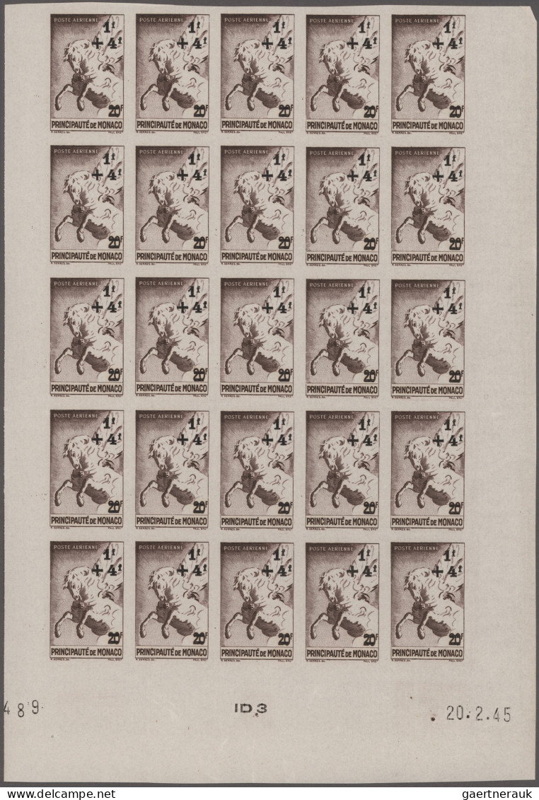 Monaco: 1945, Airmail Surcharges Complete Set Of Five IMPERFORATE Blocks Of 25, - Nuovi