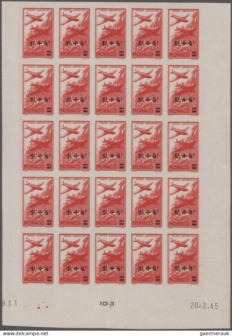 Monaco: 1945, Airmail Surcharges Complete Set Of Five IMPERFORATE Blocks Of 25, - Neufs