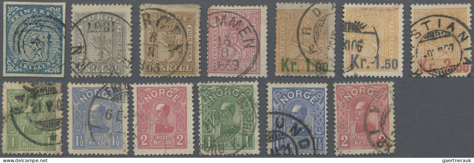 Norway: 1855/1909, Fine Used Lot Of 13 Stamps Incl. Michel Nos. 1, 7, 10, 15, 62 - Usados