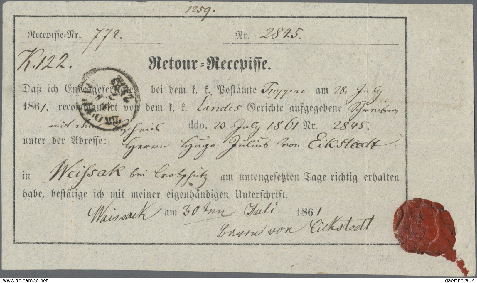 Österreich: 1851/1907, Spezial-Sammlung von 22 Retour-Recepissen, praktisch alle