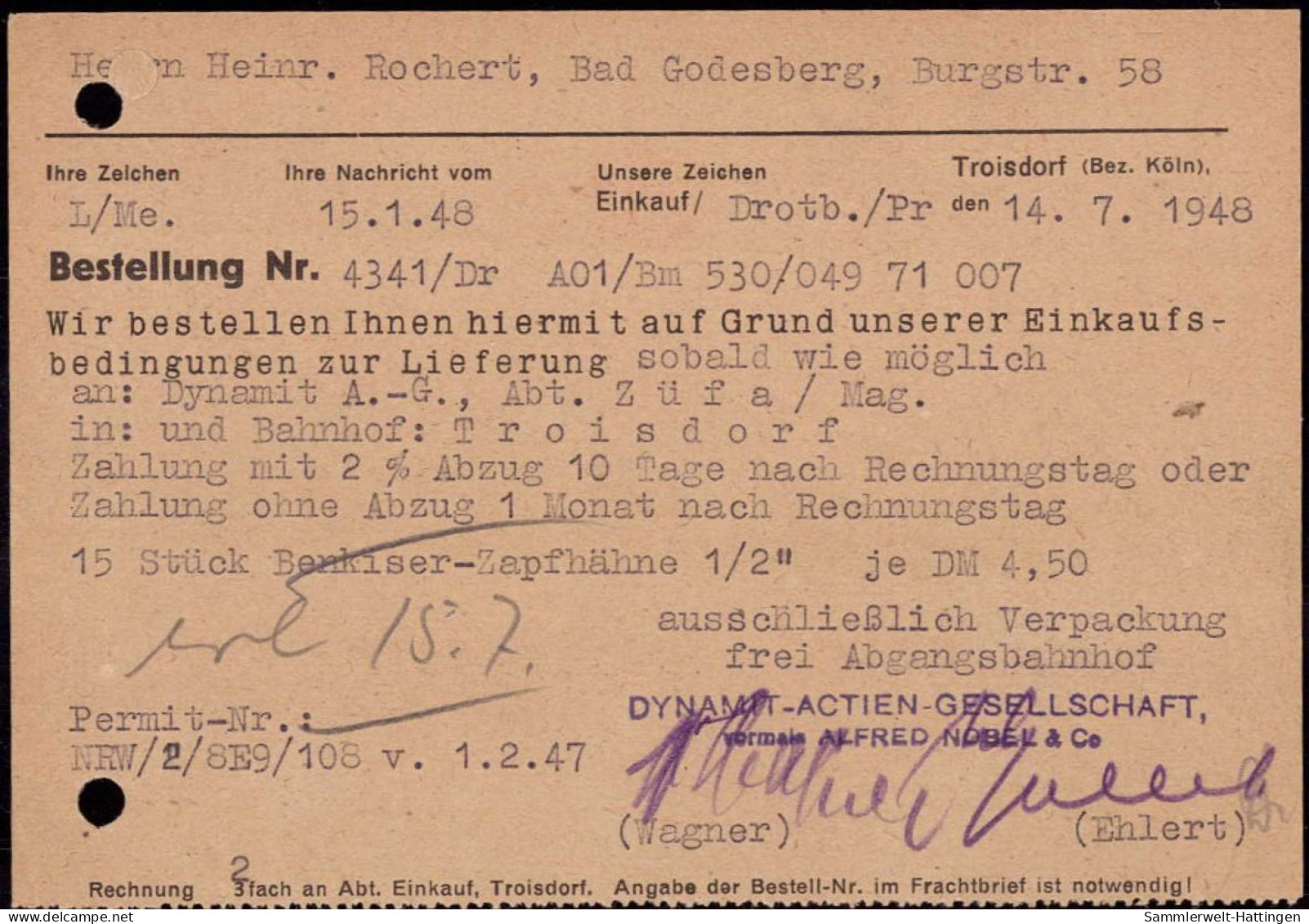 602308 | Seltene Postkarte Der Dynamit AG Vorm. Alfred Nobel & Co In Auflösung. Gelocht!  | Troisdorf (W - 5210), -, - - OC38/54 Occupation Belge En Allemagne