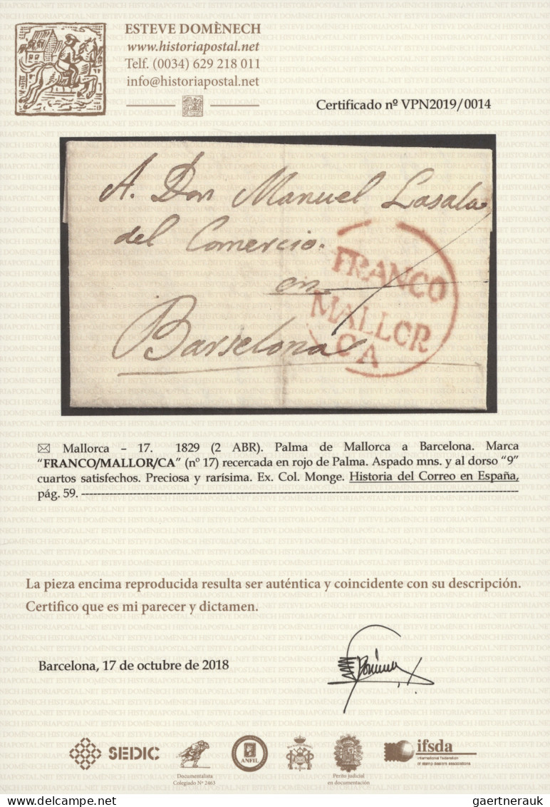 Spain: 1760/1880 "THE POSTAL HISTORY OF THE BALEARIC ISLANDS": Exhibition collec