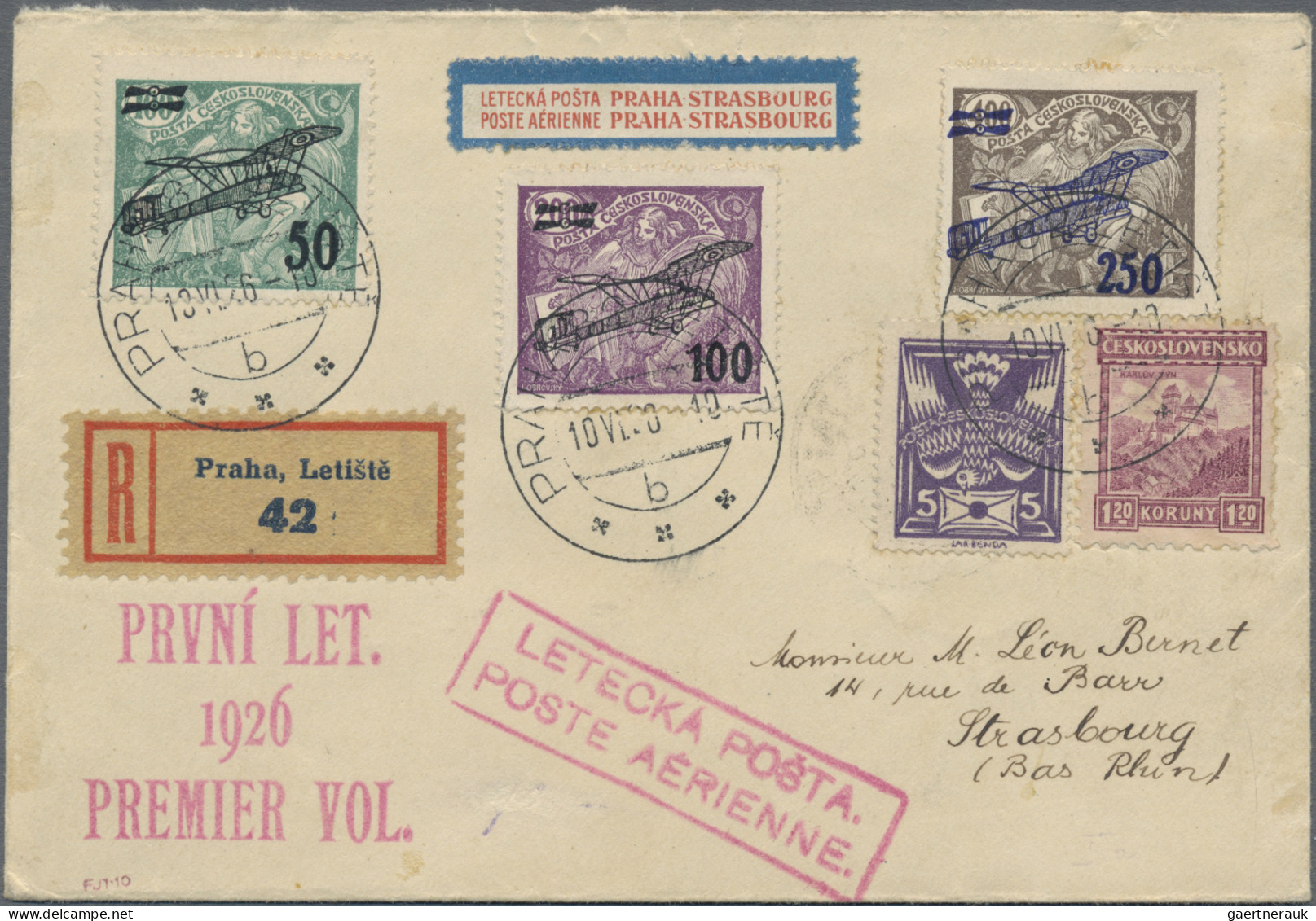 Czechoslowakia: 1926/1938, Air Mail: FFC Prague-Strasbourg; Also Five Commercial - Briefe U. Dokumente