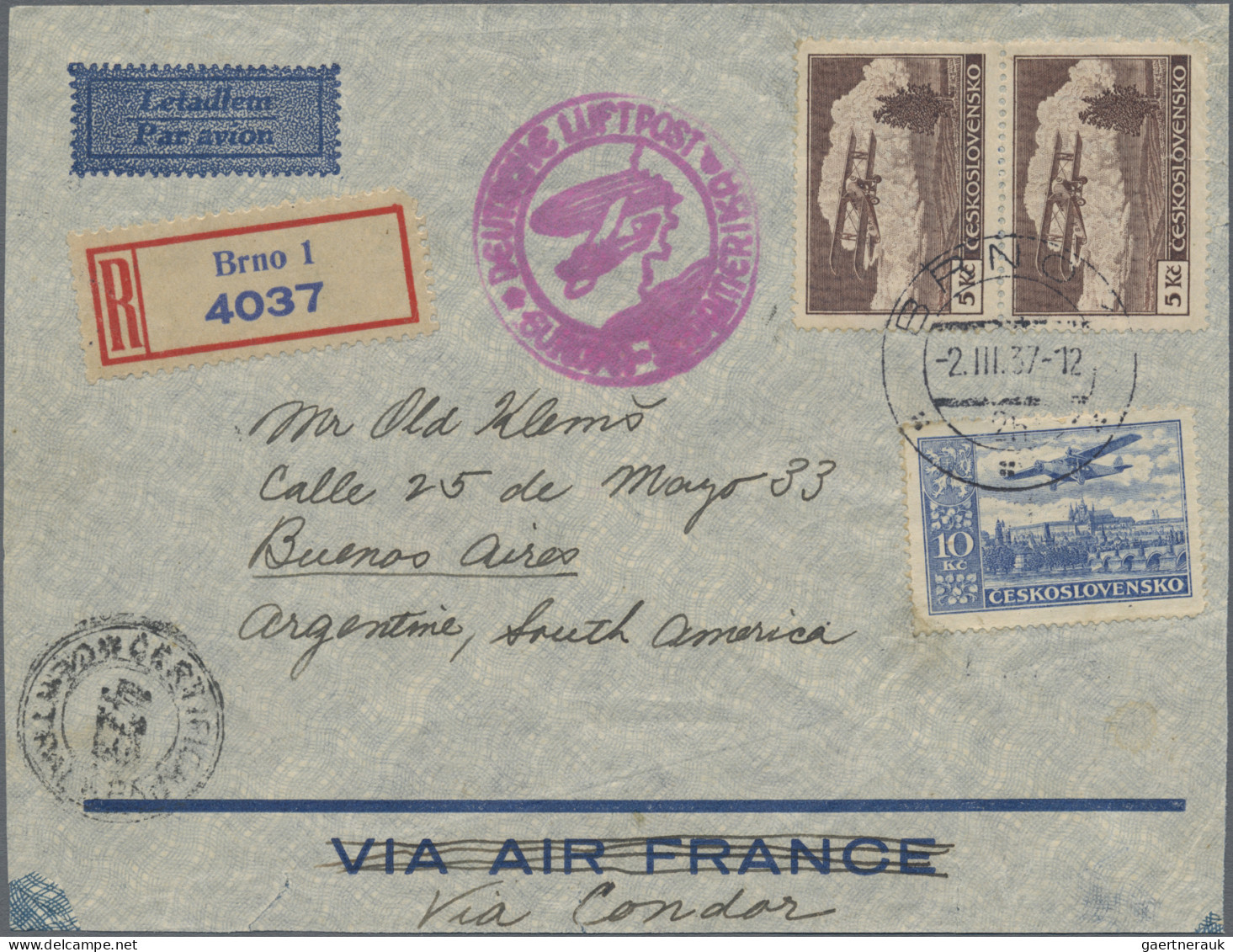 Czechoslowakia: 1926/1938, Air Mail: FFC Prague-Strasbourg; Also Five Commercial - Brieven En Documenten