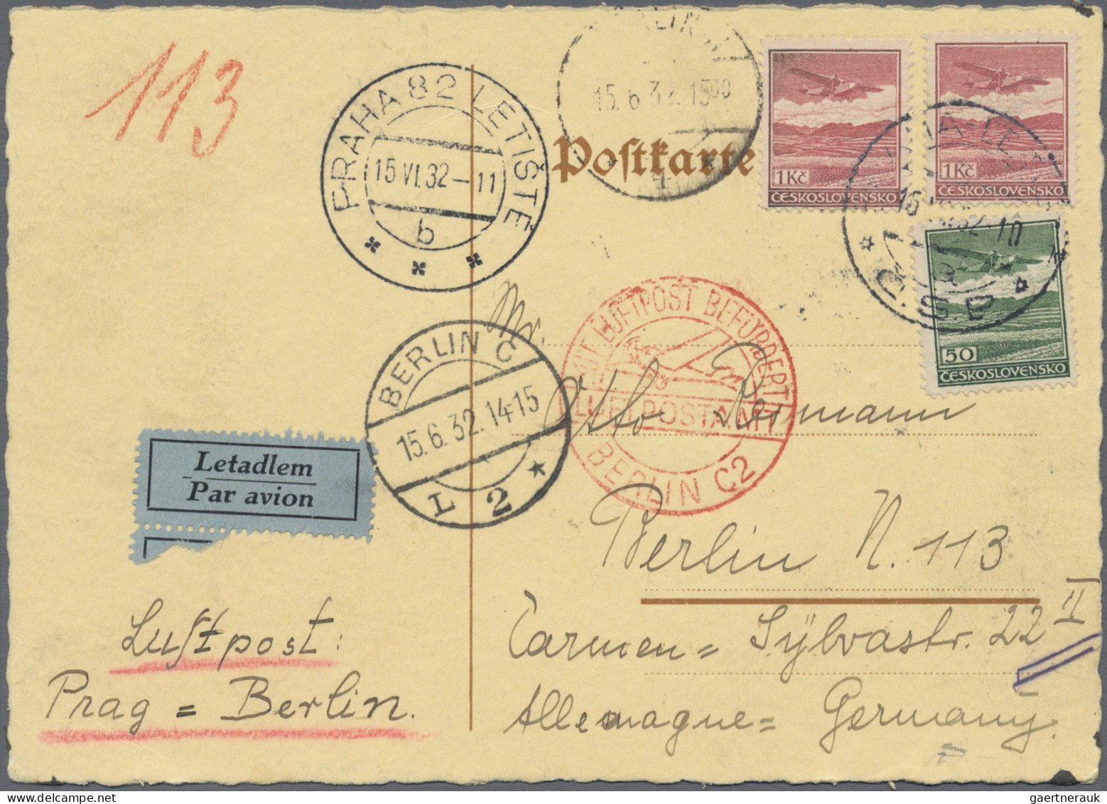 Czechoslowakia: 1926/1938, Air Mail: FFC Prague-Strasbourg; Also Five Commercial - Brieven En Documenten