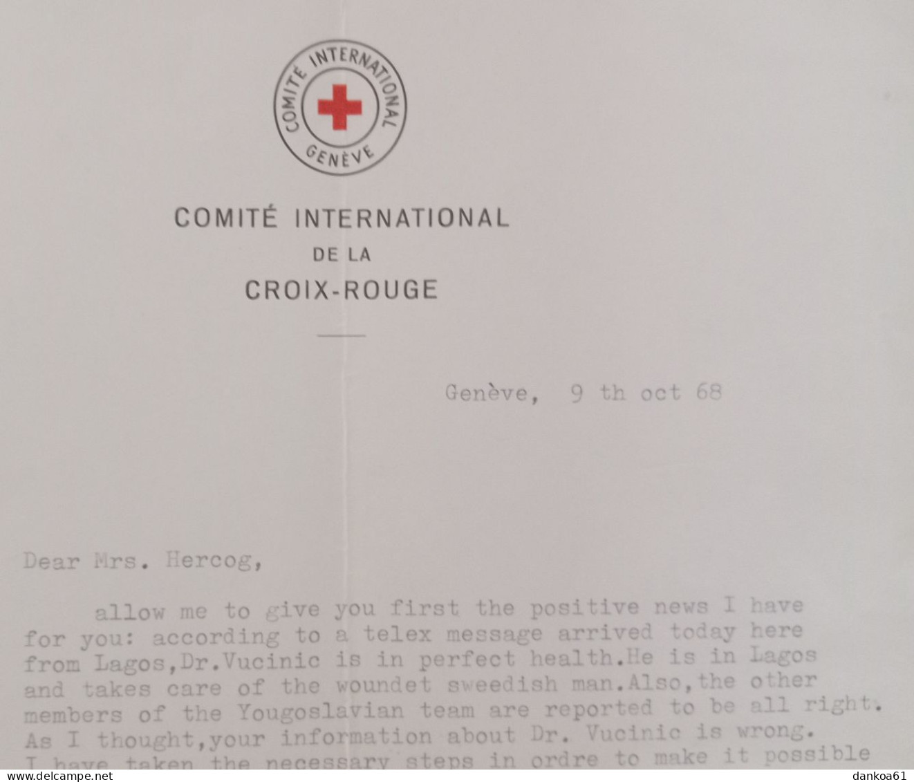 Rotes Kreuz  Comite International Geneve 9.10.68. - Croce Rossa