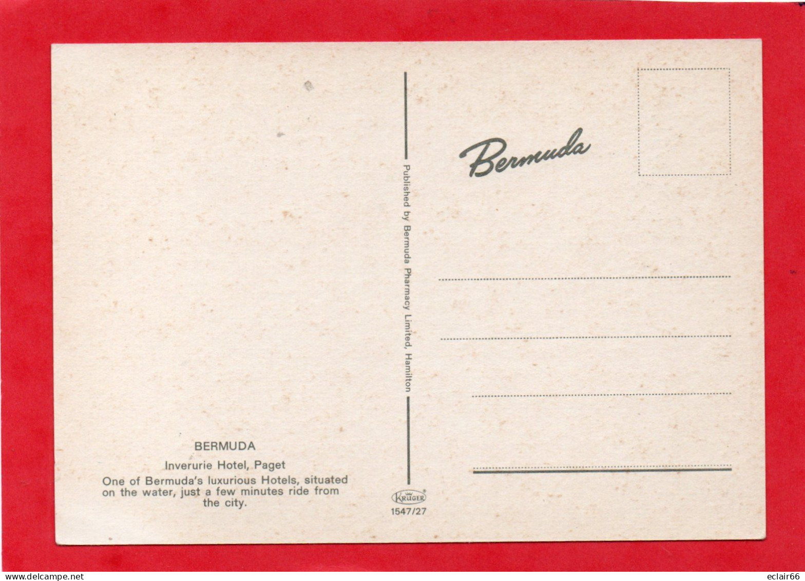 Inverurie Hotel - Paget Bermuda - Red Perot Post Office Cancel   CPM Année 1990 Postcard - - Bermuda