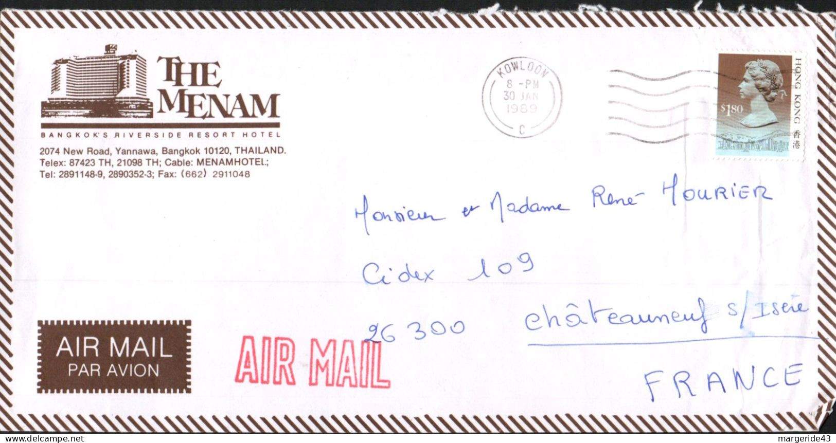 HONG KONG LETTRE A EN TETE D'HOTEL POUR LA FRANCE 1989 - Covers & Documents