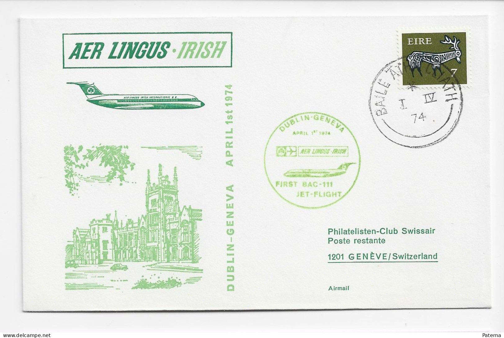 3820  Carta First Flight Dublín - Geneve   1974 ,1º Vuelo ,aéreo, Avión , - Brieven En Documenten