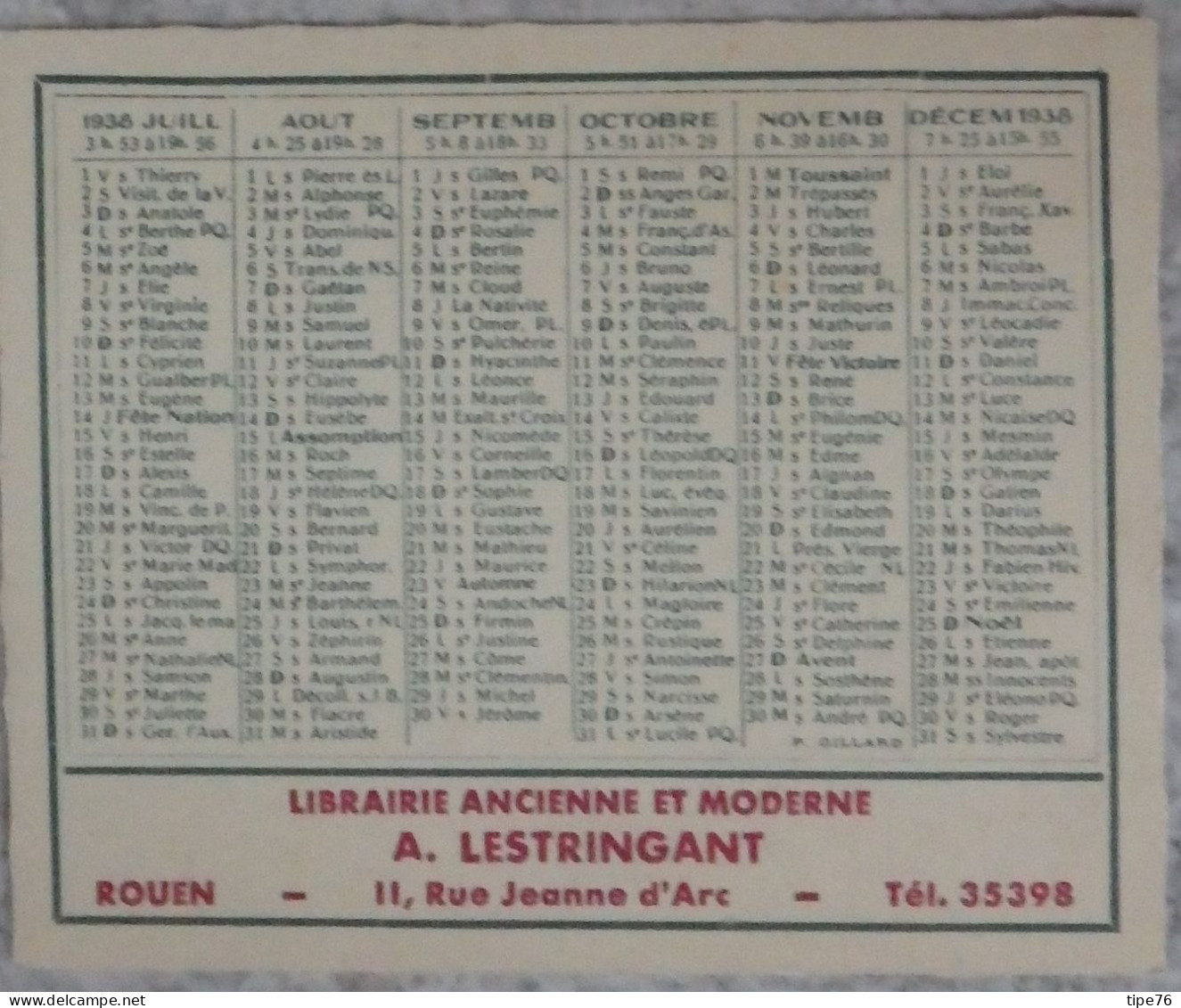 Petit Calendrier De Poche 1938 Librairie Rue Jeanne D'Arc Rouen Seine Maritime - Petit Format : 1921-40