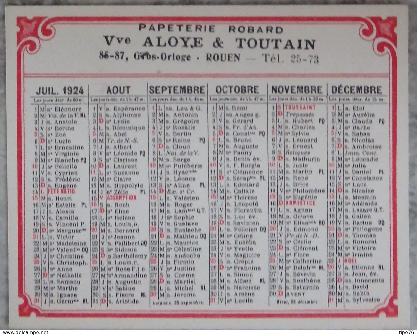 Petit Calendrier De Poche 1924 Papeterie  Rue Gros Horloge Rouen Seine Maritime - Petit Format : 1921-40