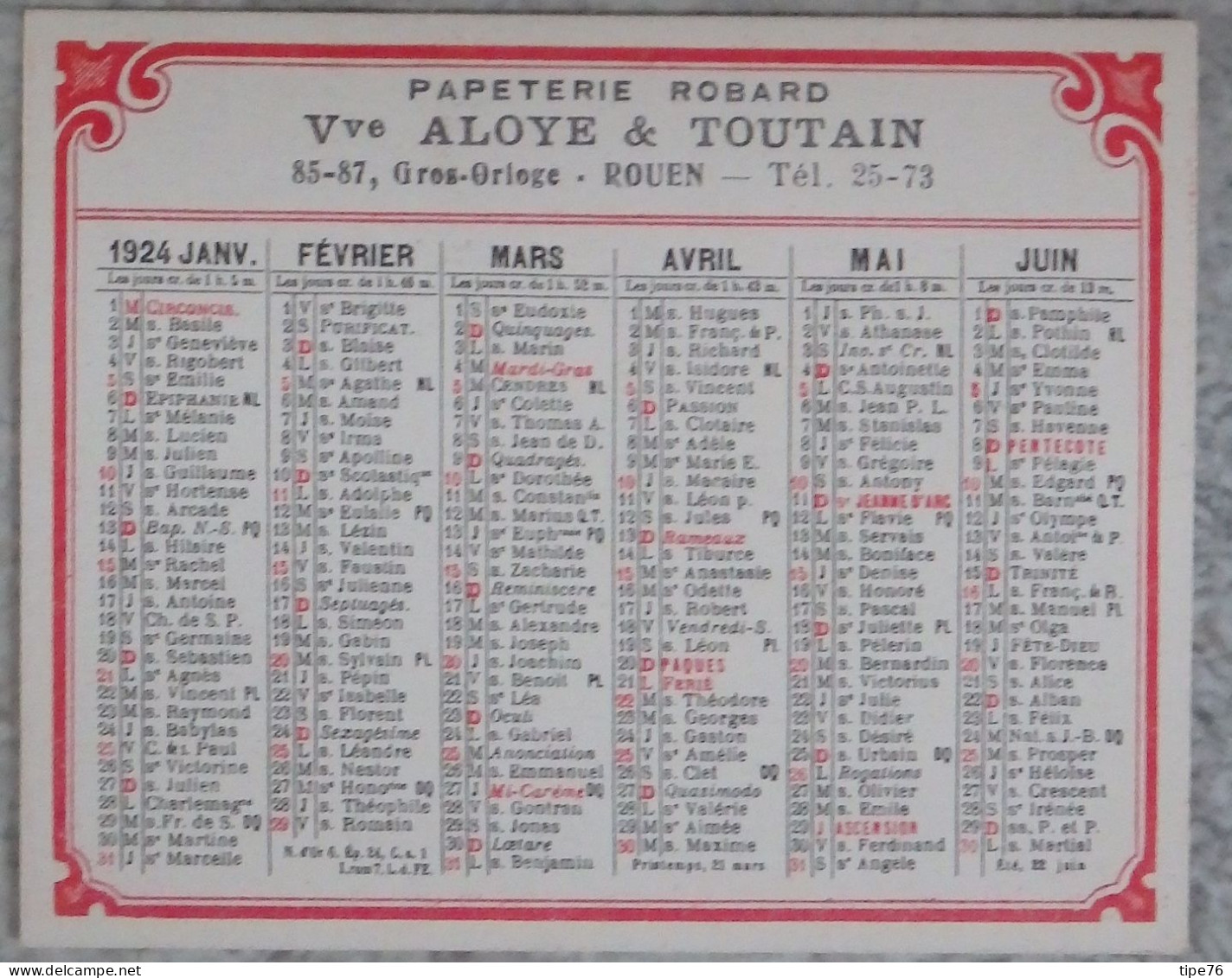 Petit Calendrier De Poche 1924 Papeterie  Rue Gros Horloge Rouen Seine Maritime - Petit Format : 1921-40