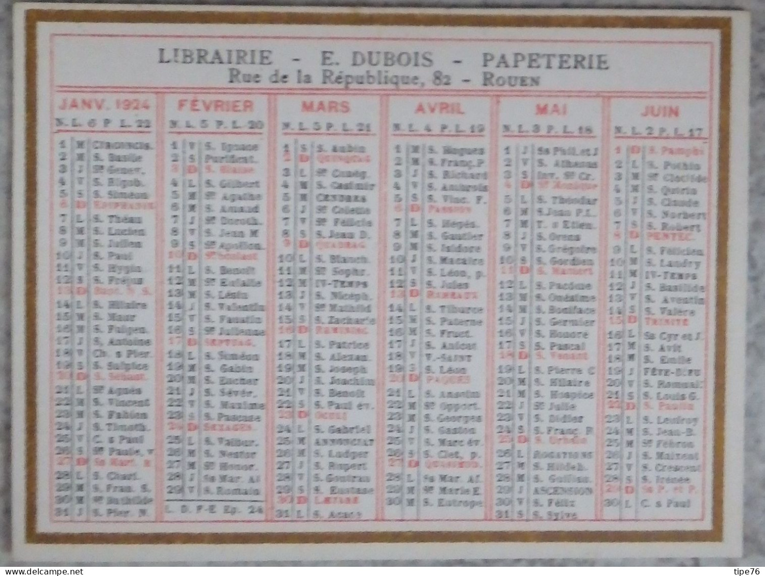 Petit Calendrier De Poche 1924 Librairie  Papeterie  Rue De La République Rouen Seine Maritime - Formato Piccolo : 1921-40