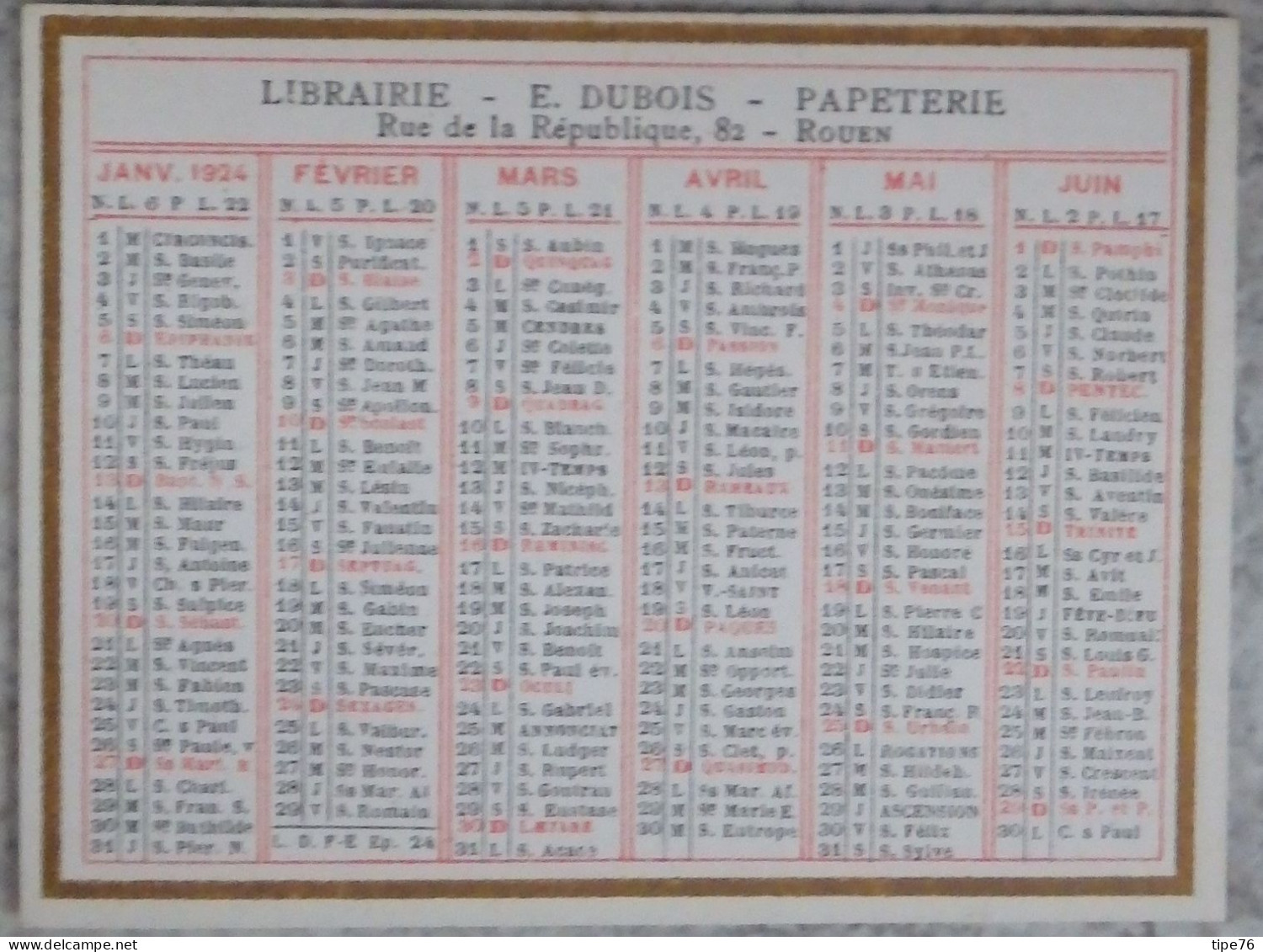 Petit Calendrier De Poche 1924 Librairie  Papeterie  Rue De La République Rouen Seine Maritime - Petit Format : 1921-40