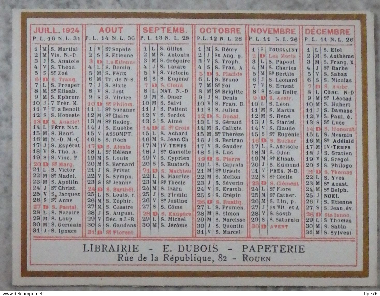 Petit Calendrier De Poche 1924 Librairie  Papeterie  Rue De La République Rouen Seine Maritime - Formato Piccolo : 1921-40