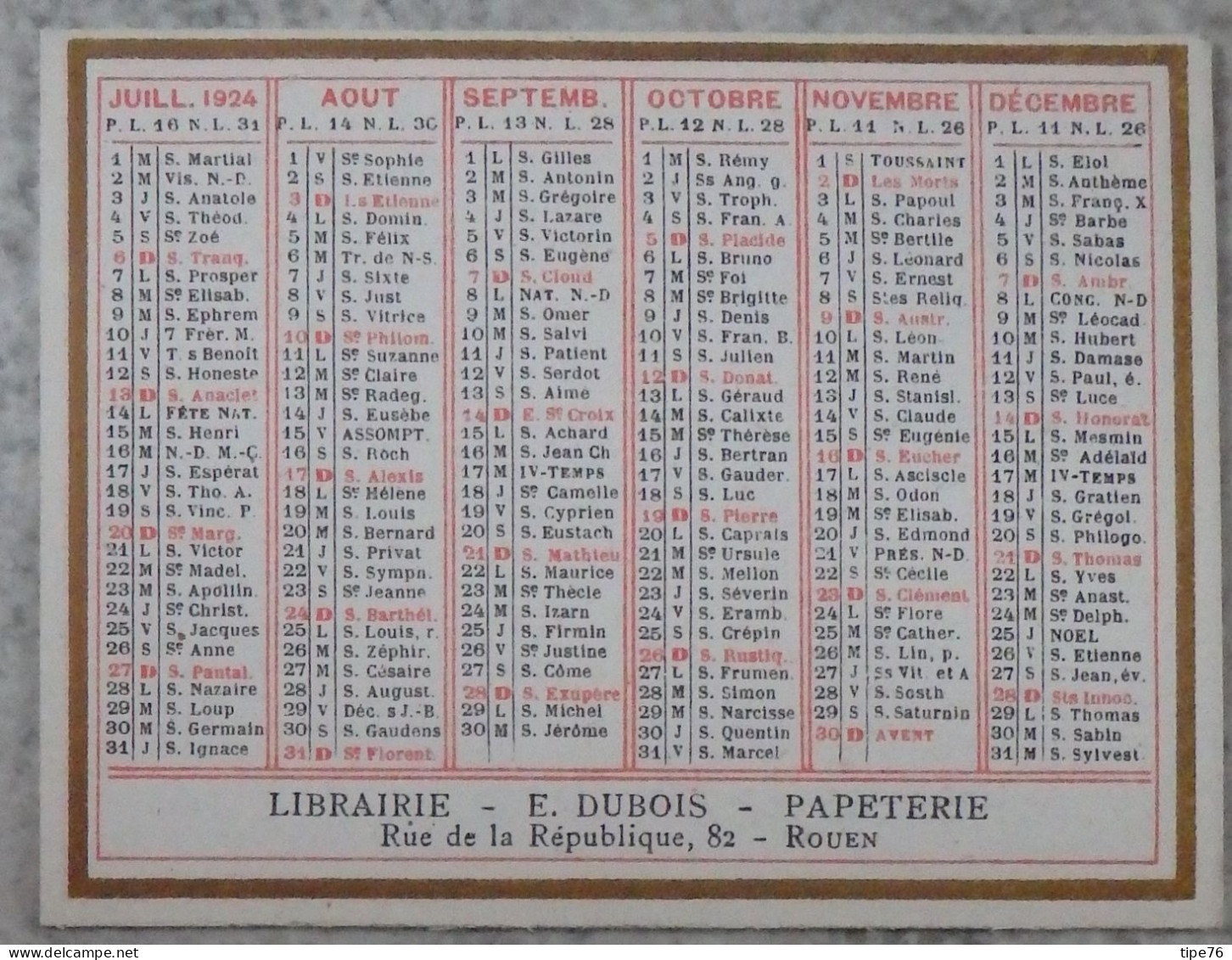 Petit Calendrier De Poche 1924 Librairie  Papeterie  Rue De La République Rouen Seine Maritime - Petit Format : 1921-40