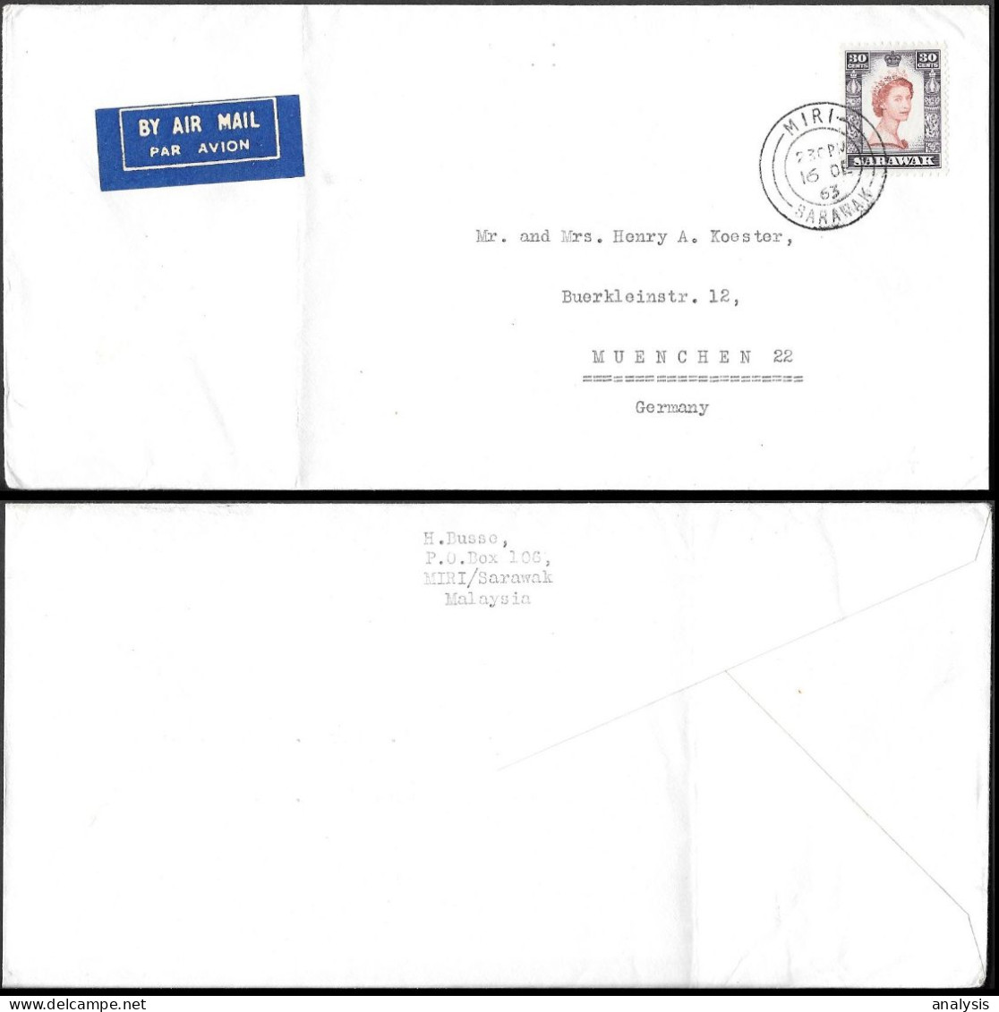 Sarawak Miri Cover Mailed To Germany 1963. QEII 30c Rate - Sarawak (...-1963)