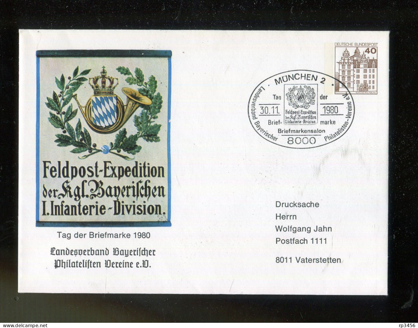 "BUNDESREPUBLIK DEUTSCHLAND" 1980, Privat-GSU "Feldpost-Exped. Kgl. Bay. I. Inf. Division", SSt. "Muenchen" (B586) - Enveloppes Privées - Oblitérées