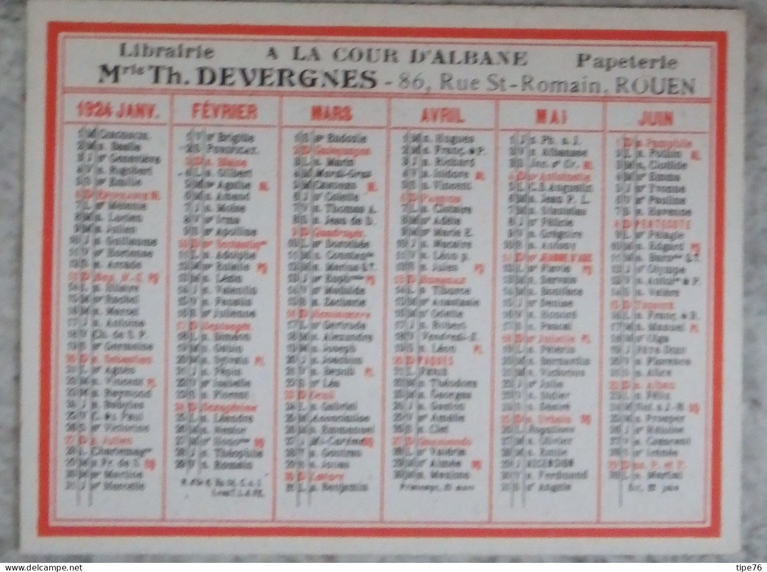 Petit Calendrier De Poche 1924 Librairie  Papeterie  Rue St Romain Rouen Seine Maritime - Petit Format : 1921-40