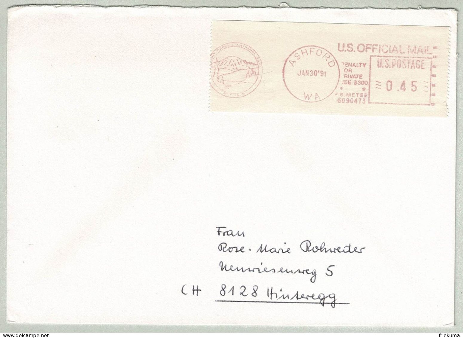 USA 1991, Brief Freistempel / EMA / Meterstamp Ashford - Hinteregg (Schweiz), Vulkan Mount Rainier / Volcan / Volcano - Vulkanen