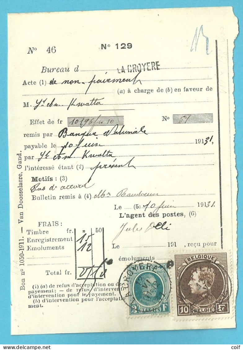 PROTET DE NON PAYEMENT D'EFFET Affr.208+ 289 (10Fr) Obl. LA CROYERE (perfo Réglementaire Du Timbre) - 1929-1941 Grand Montenez