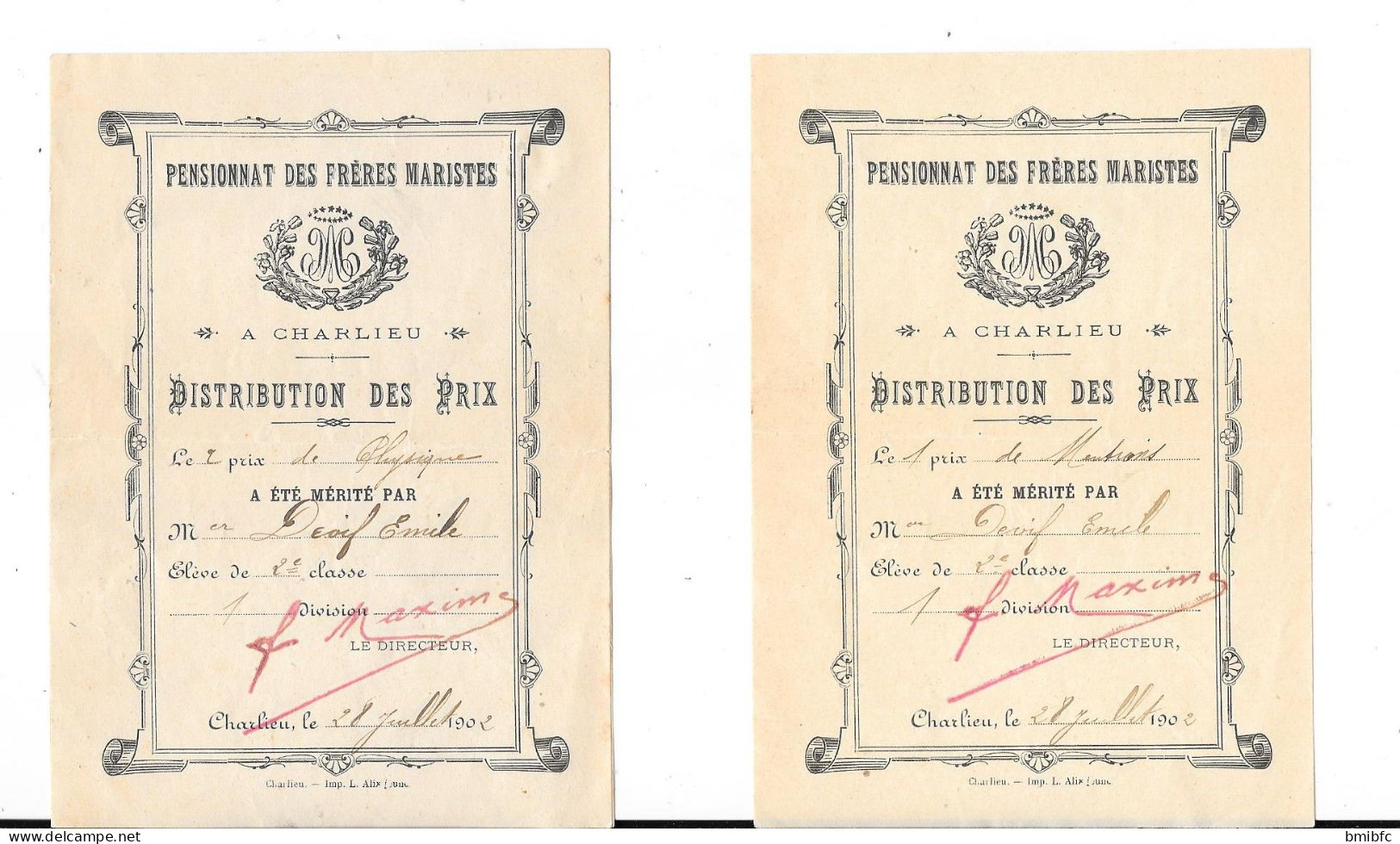 1902 - PENSIONNAT DES FRÈRES MARISTES - A CHARLIEU - DISTRIBUTION DES PRIX - (13 Documents) - Diplômes & Bulletins Scolaires
