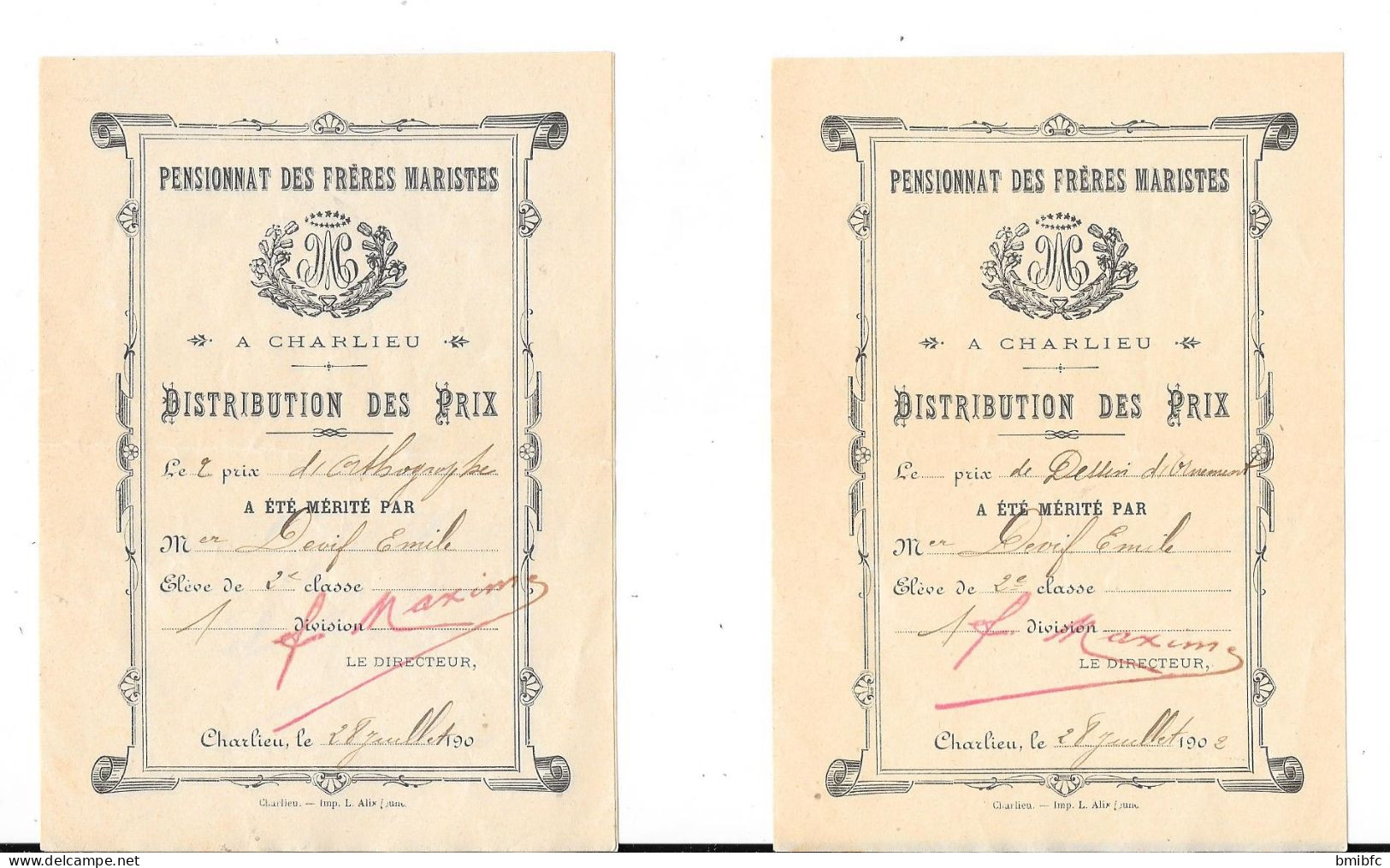 1902 - PENSIONNAT DES FRÈRES MARISTES - A CHARLIEU - DISTRIBUTION DES PRIX - (13 Documents) - Diplômes & Bulletins Scolaires