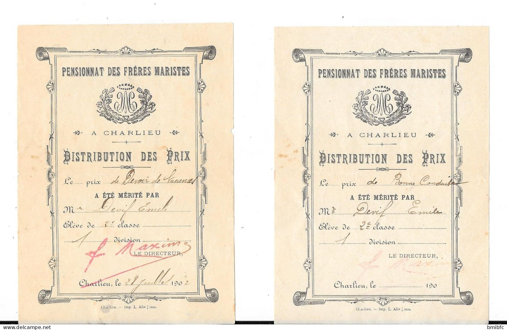 1902 - PENSIONNAT DES FRÈRES MARISTES - A CHARLIEU - DISTRIBUTION DES PRIX - (13 Documents) - Diplômes & Bulletins Scolaires