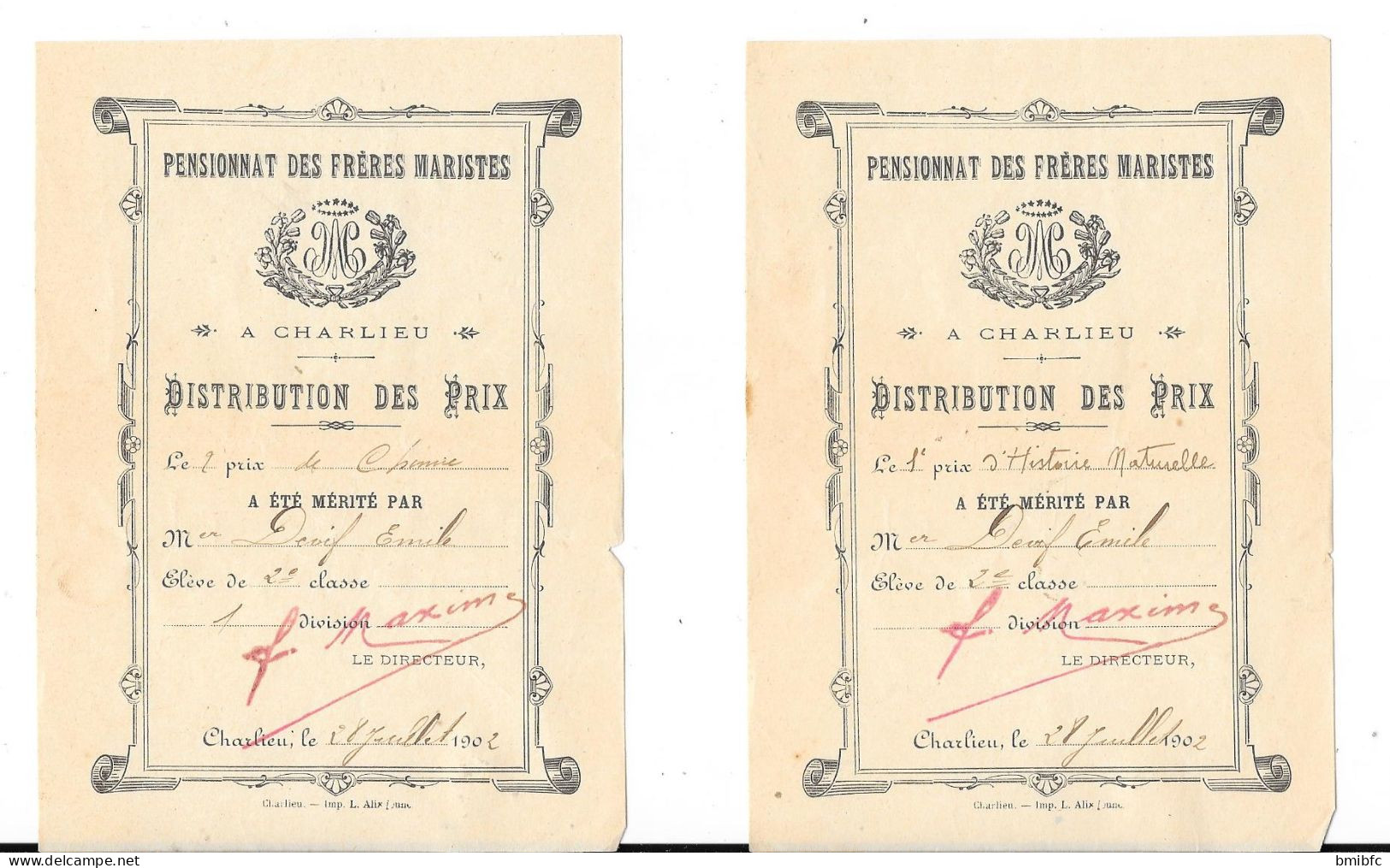 1902 - PENSIONNAT DES FRÈRES MARISTES - A CHARLIEU - DISTRIBUTION DES PRIX - (13 Documents) - Diplômes & Bulletins Scolaires