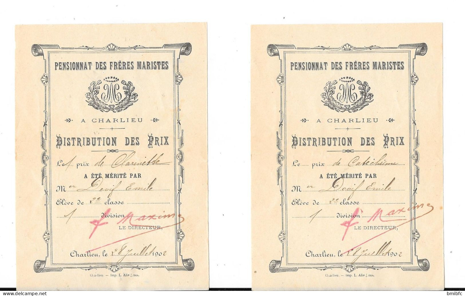 1902 - PENSIONNAT DES FRÈRES MARISTES - A CHARLIEU - DISTRIBUTION DES PRIX - (13 Documents) - Diplômes & Bulletins Scolaires