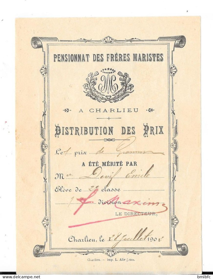 1902 - PENSIONNAT DES FRÈRES MARISTES - A CHARLIEU - DISTRIBUTION DES PRIX - (13 Documents) - Diplômes & Bulletins Scolaires