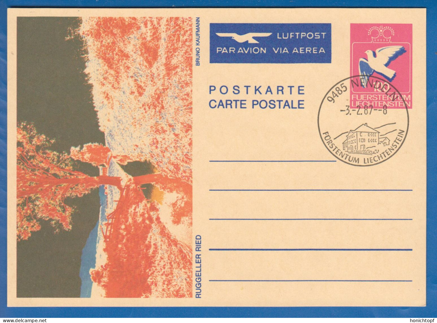 Liechtenstein; Postkarte; Nendeln 1987; Ruggeler Ried Von Bruno Kaufmann; Luftpost - Stamped Stationery