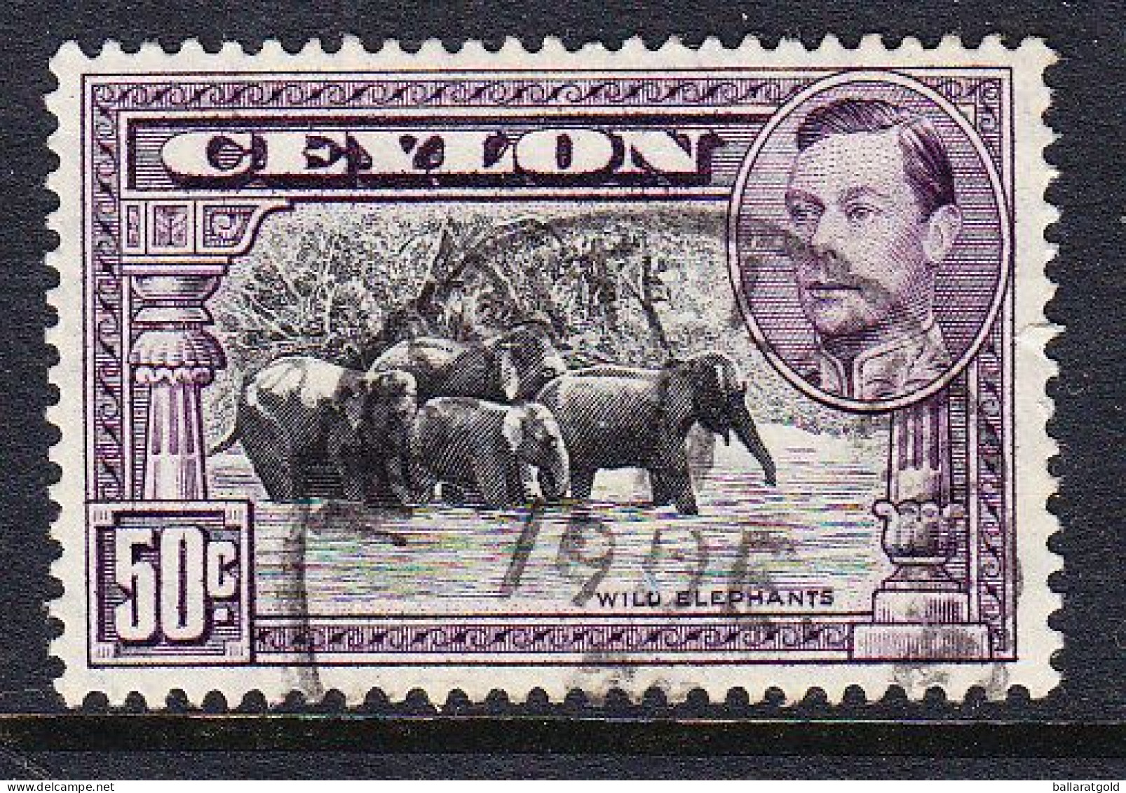 Ceylon 1938 Geo V1 - 50c Wild Elephants SG 394a Perf 13x11½ - Used Stamps