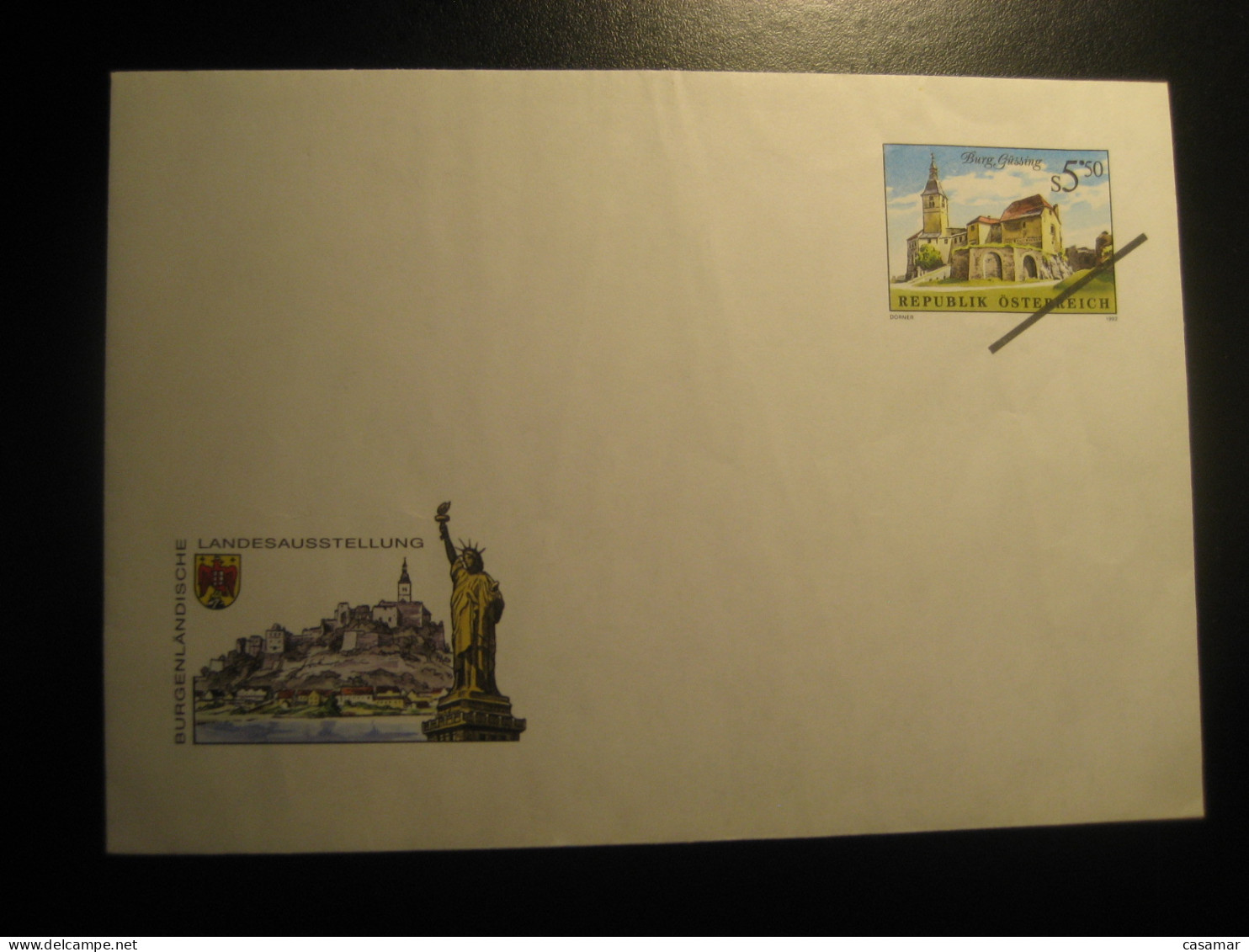 1992 Burg Gussing Castle Slight Folded SPECIMEN Postal Stationery Cover Overprinted AUSTRIA - Proeven & Herdruk