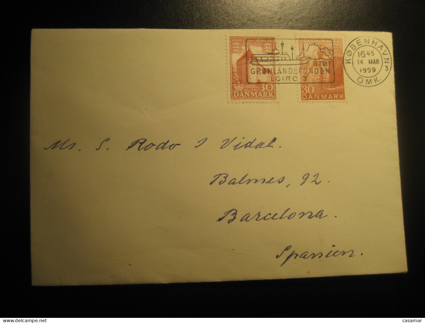 KOBENHAVN Copenhague 1959 To Spain Support The GREENLAND Foundation Circ 3 Cancel TB Tuberculose Club Cover DENMARK - Lettres & Documents