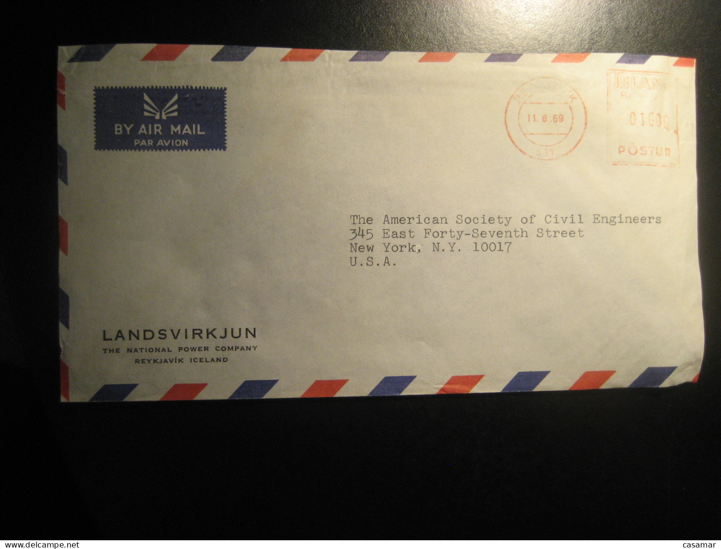 REYKJAVIK 1969 To NY New York USA National Power Air Meter Mail Cancel Cover ICELAND - Lettres & Documents