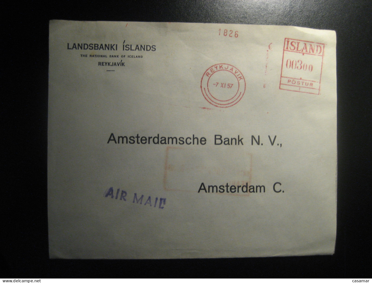 REYKJAVIK 1957 To Amsterdam Netherlands Landsbanki Islands Air Meter Mail Cancel Cover ICELAND - Lettres & Documents