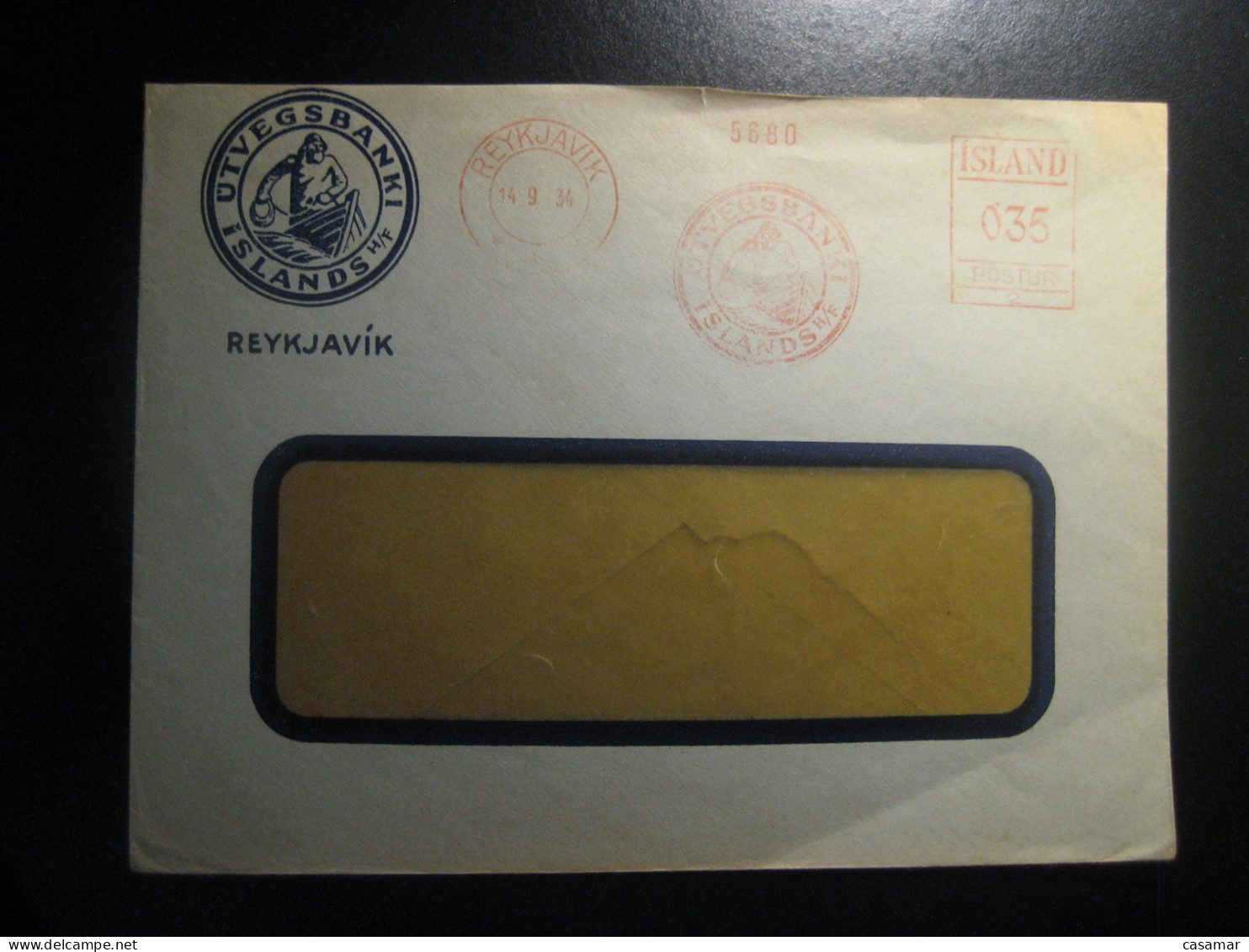 REYKJAVIK 1934 Utvegsbanki Islands H/F Meter Mail Cancel Cover ICELAND - Covers & Documents