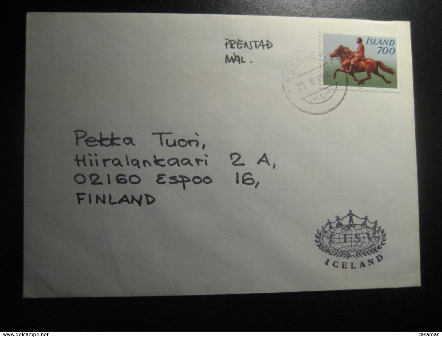 REYKJAVIK 1984 To Espoo Finland Cancel Cover Horse Stamp ICELAND - Covers & Documents