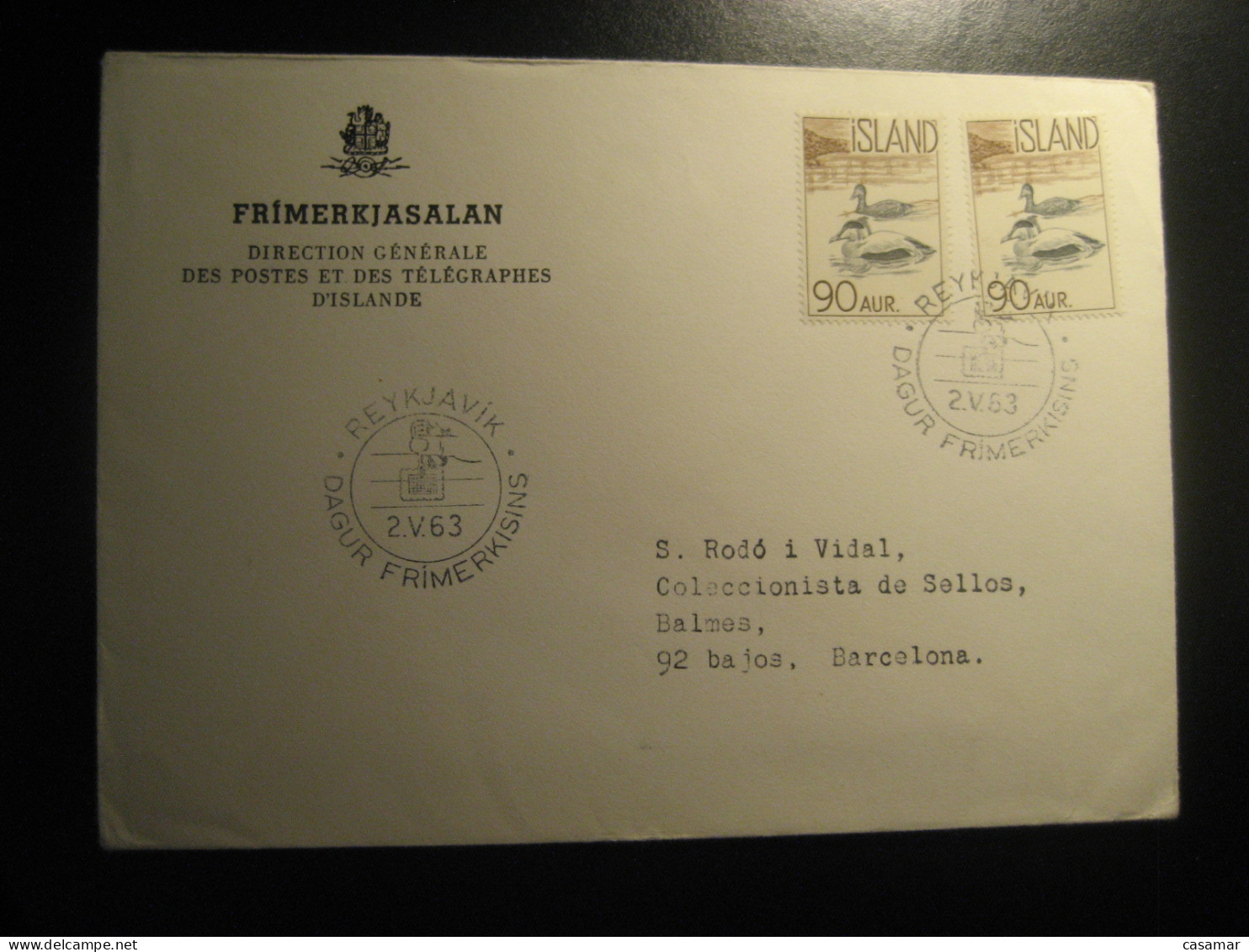 REYKJAVIK 1963 To Spain Cancel Cover Duck Ducks 2 Stamp ICELAND - Lettres & Documents