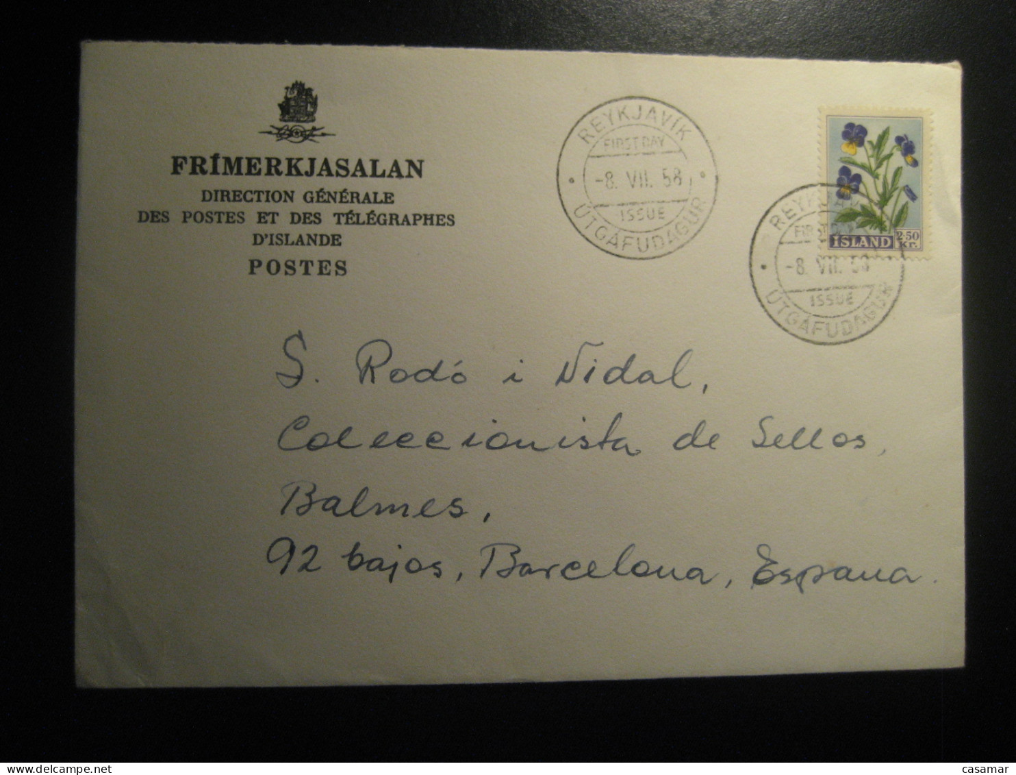REYKJAVIK 1958 To Spain Flower Flora FDC Cancel Cover ICELAND - Lettres & Documents