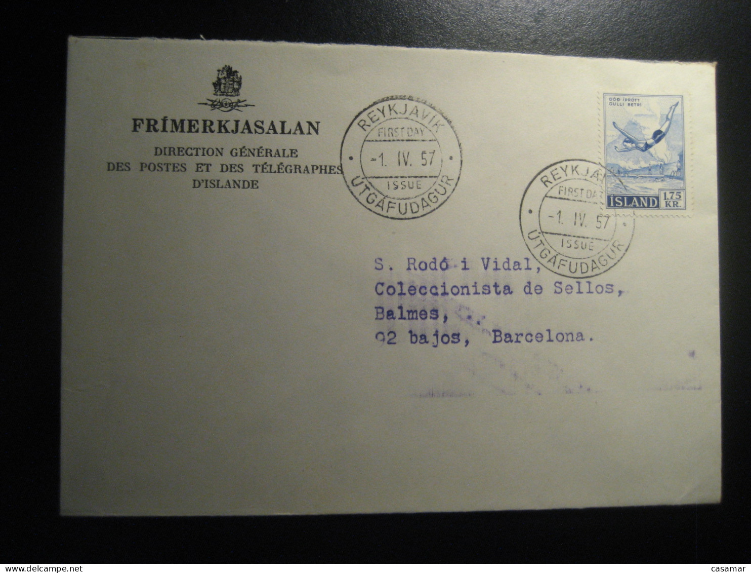 REYKJAVIK 1957 To Spain God Iprott Gulli Betri Swimming Springboard Jumping FDC Cancel Cover ICELAND - Covers & Documents