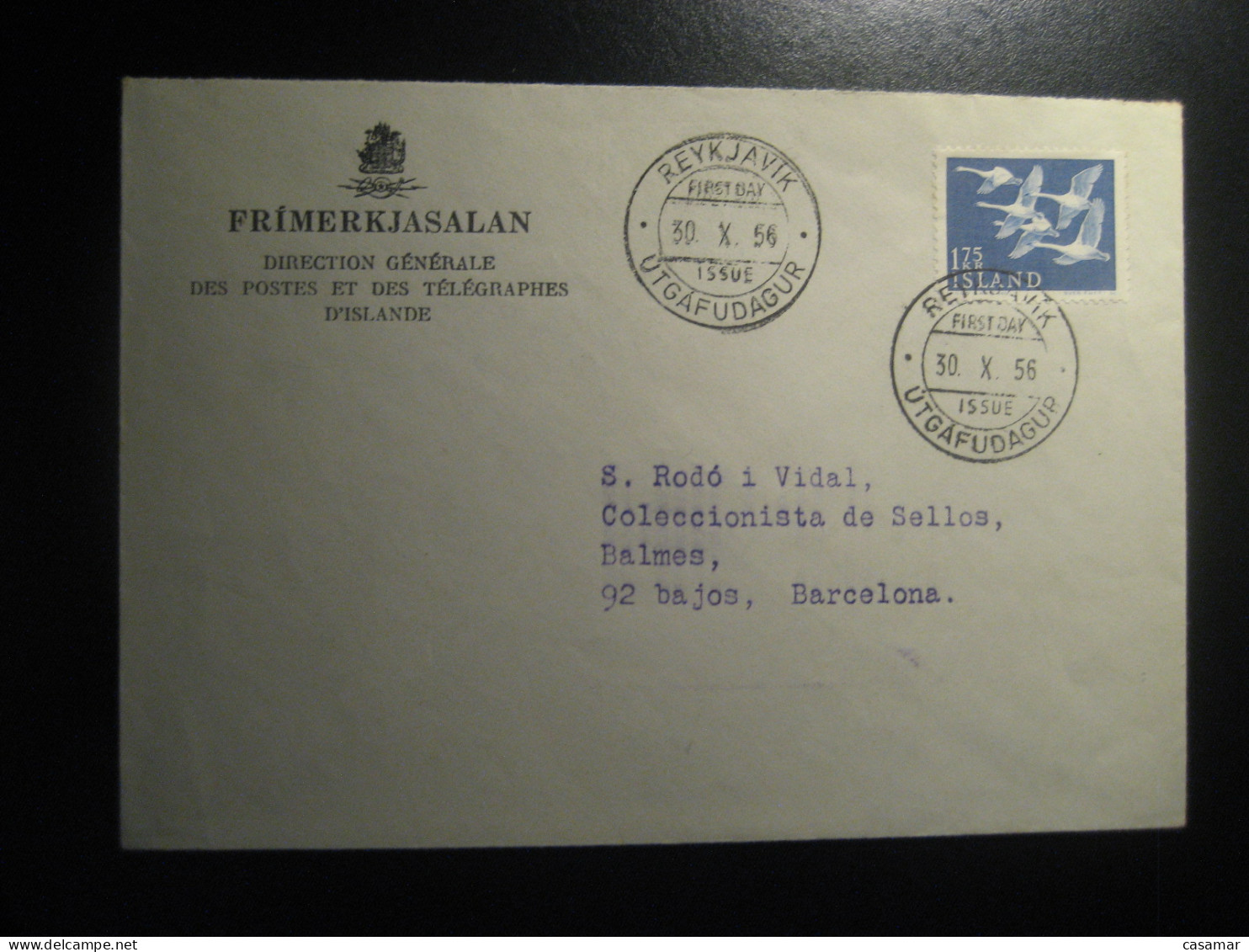 REYKJAVIK 1956 To Spain Swan Swans FDC Cancel Cover ICELAND - Briefe U. Dokumente