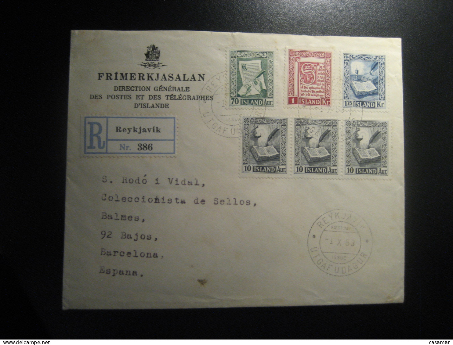 REYKJAVIK 1953 To Spain Papyrus Parchment Book Registered FDC Cancel Cover ICELAND - Lettres & Documents
