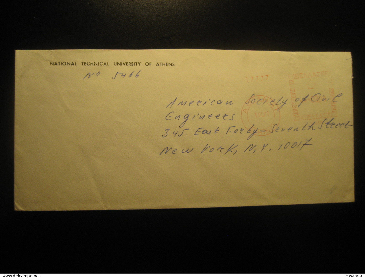 ATHENS 1971 To New York NY USA National Technical University Meter Mail Cancel Cover GREECE - Storia Postale