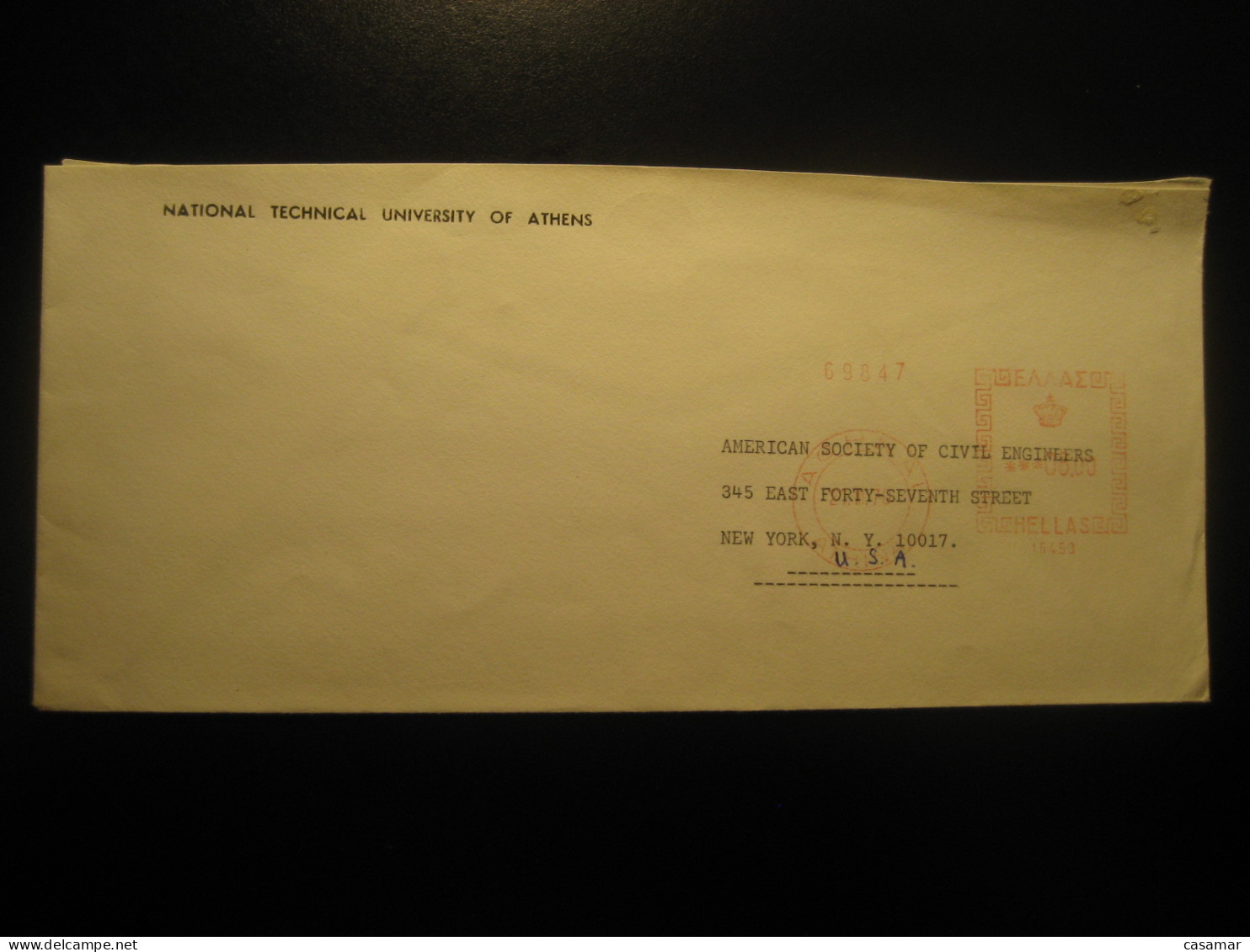 ATHENS 1970 To New York NY USA National Technical University Meter Mail Cancel Cover GREECE - Cartas & Documentos