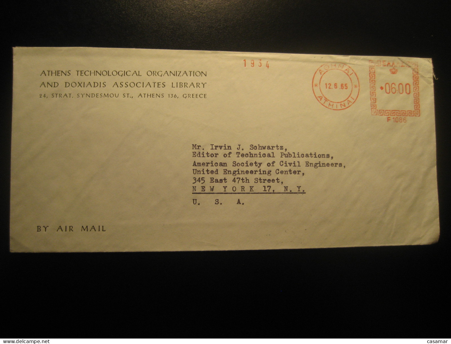 ATHENS 1965 To New York NY USA Technological Org. Doxiadis Associates Library Meter Mail Cancel Cover GREECE - Storia Postale